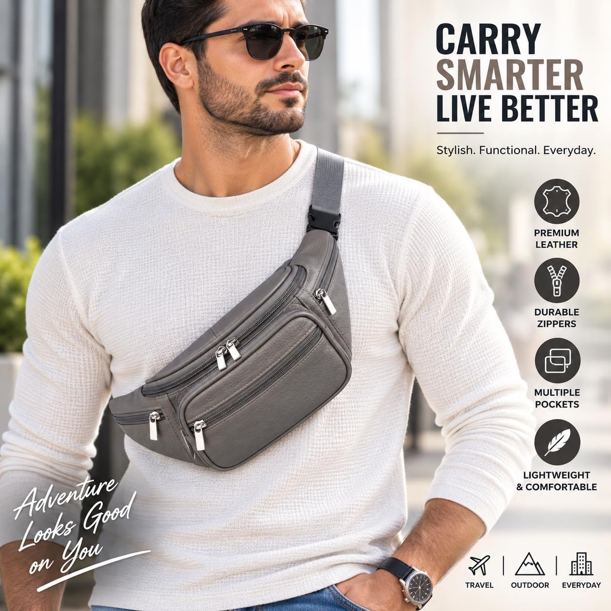 Genuine Leather Fanny Pack for Men Women Multi Pocket Waist Bag
