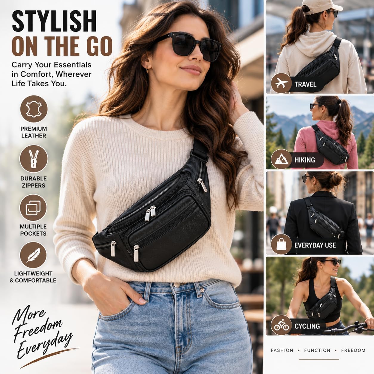 Genuine Leather Fanny Pack for Men Women Multi Pocket Waist Bag