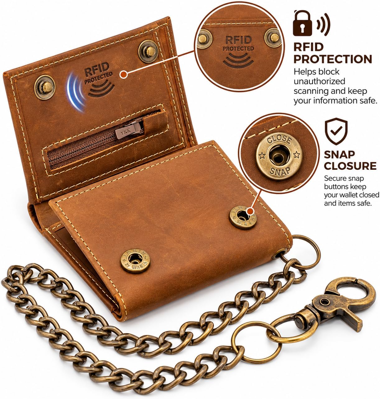 Men’s Genuine Leather Biker Trifold Wallet with Chain