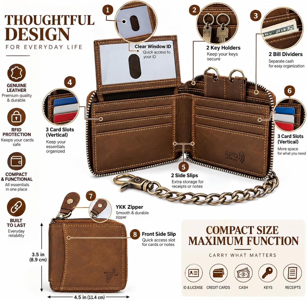 Zip Around Chain Wallet for Men – RFID Genuine Leather Bifold Wallet