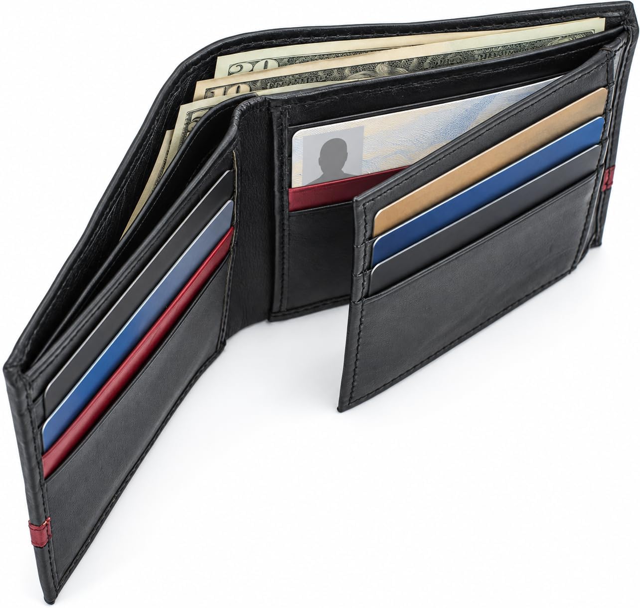 Men’s Genuine Leather Bifold Wallet with RFID Protection & Red Stripe Trim
