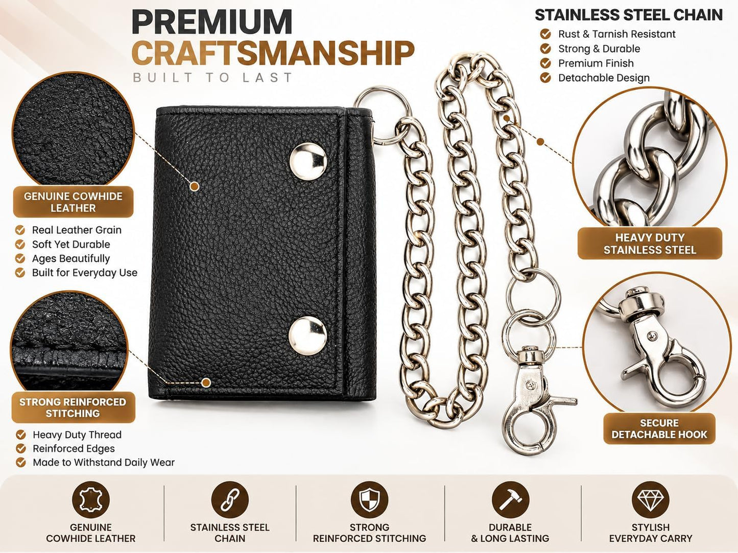 Men’s Genuine Leather Biker Trifold Wallet with Chain