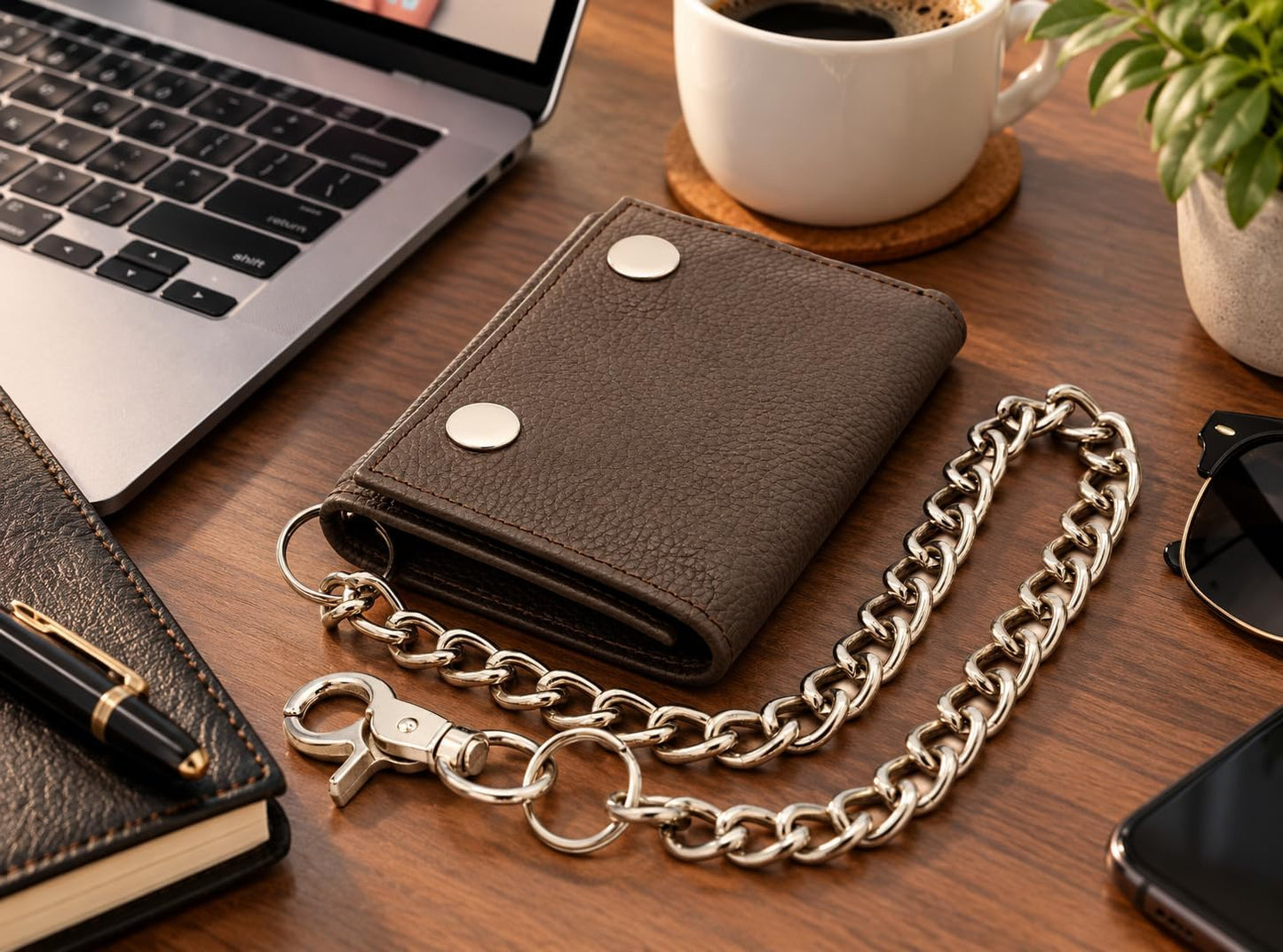 Men’s Genuine Leather Biker Trifold Wallet with Chain