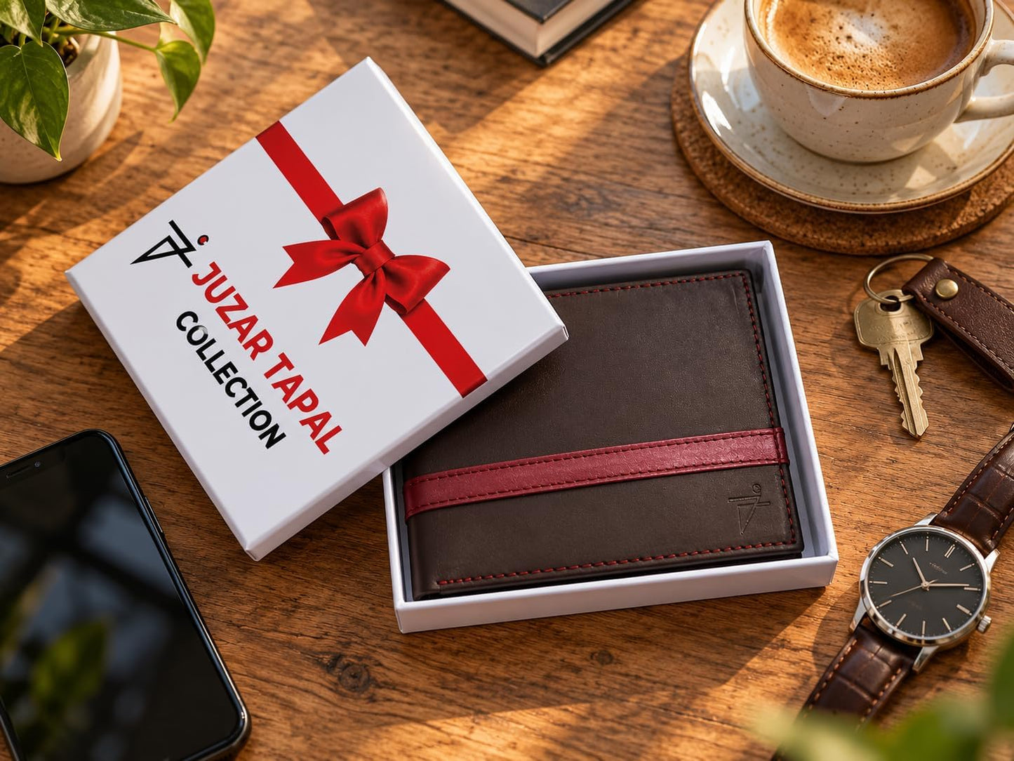Men’s Genuine Leather Bifold Wallet with RFID Protection & Red Stripe Trim