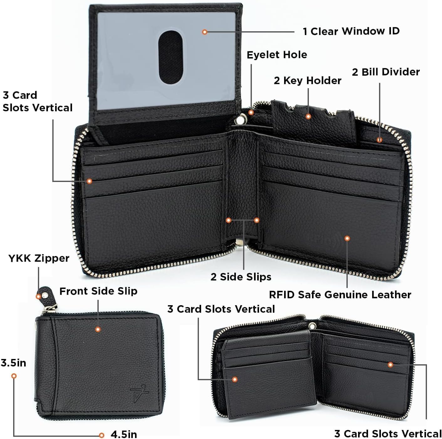Zip Around Chain Wallet for Men – RFID Genuine Leather Bifold Wallet