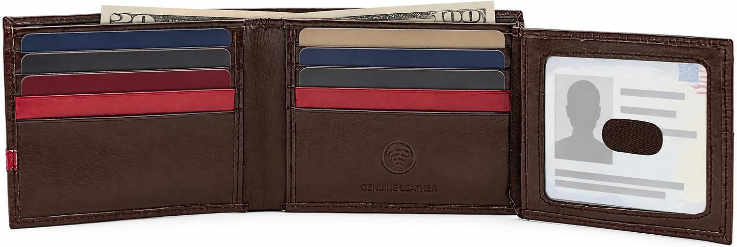 Men’s Genuine Leather Bifold Wallet with RFID Protection & Red Stripe Trim