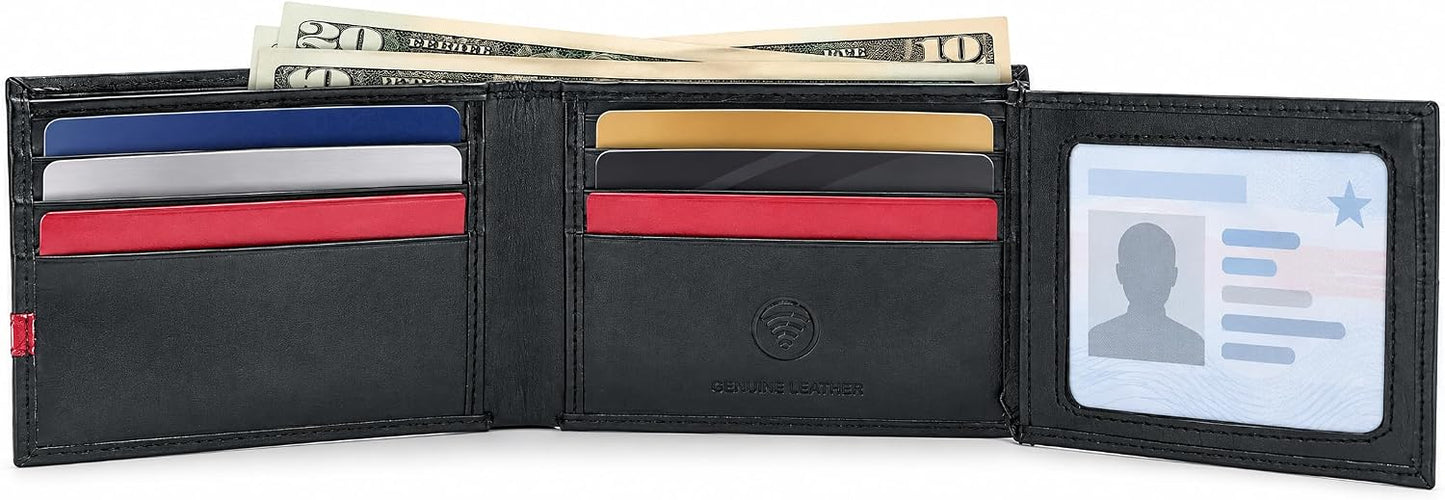 Men’s Genuine Leather Bifold Wallet with RFID Protection & Red Stripe Trim