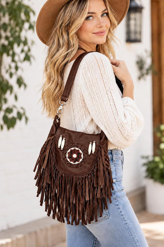Leather Boho Fringe Crossbody Bag – Handcrafted Purse