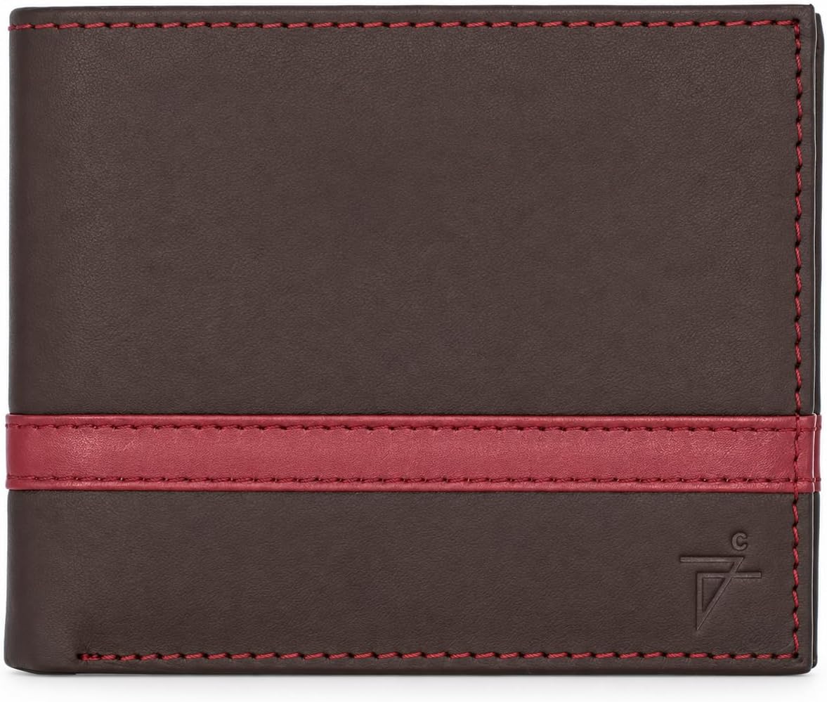 Men’s Genuine Leather Bifold Wallet with RFID Protection & Red Stripe Trim