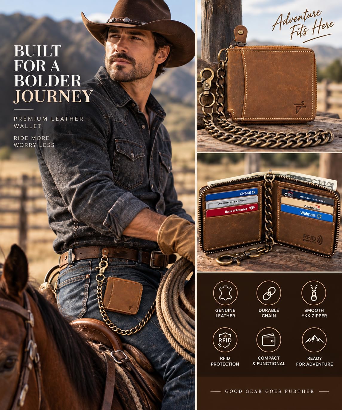 Zip Around Chain Wallet for Men – RFID Genuine Leather Bifold Wallet