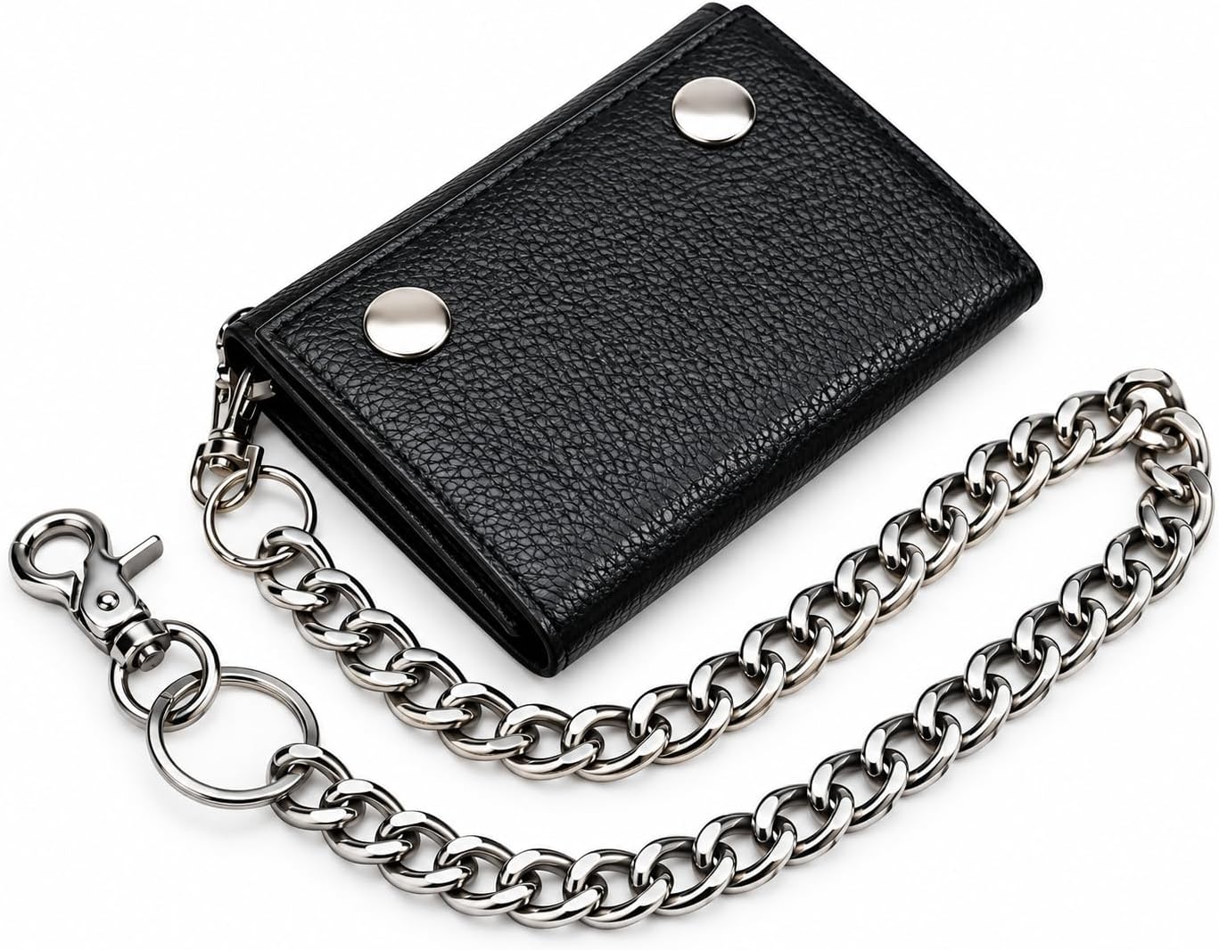 Men’s Genuine Leather Biker Trifold Wallet with Chain