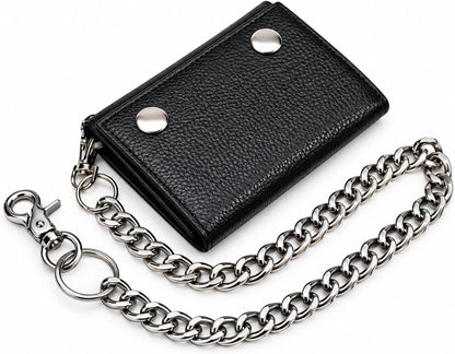 Men’s Genuine Leather Biker Trifold Wallet with Chain