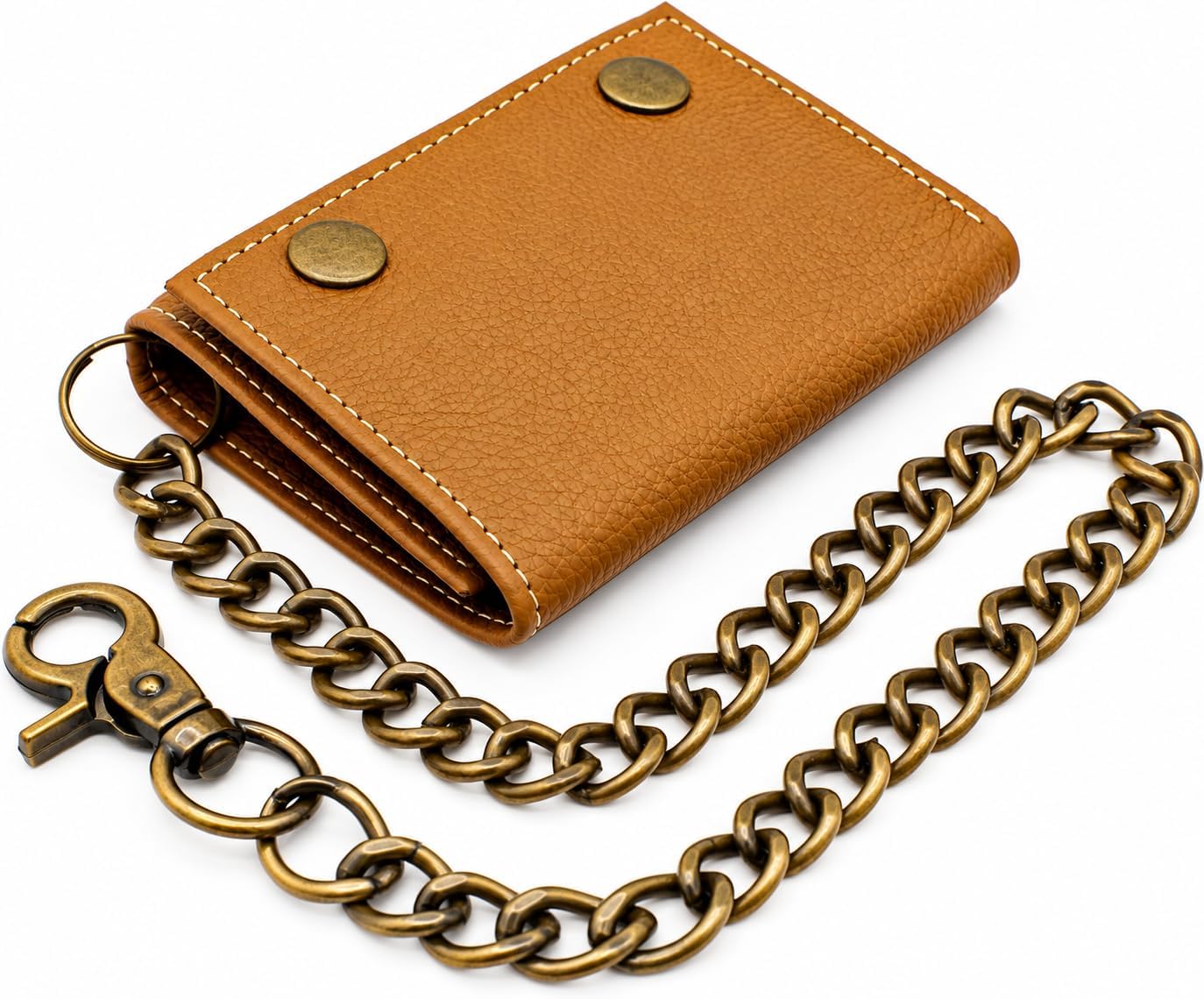 Men’s Genuine Leather Biker Trifold Wallet with Chain
