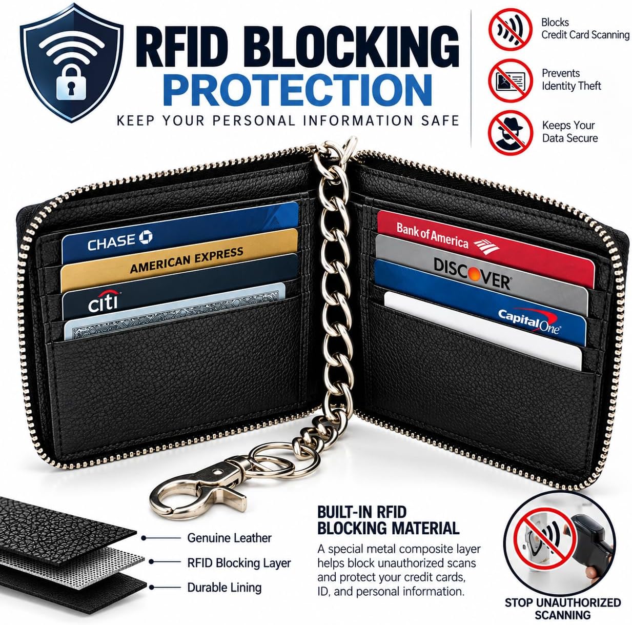 Zip Around Chain Wallet for Men – RFID Genuine Leather Bifold Wallet