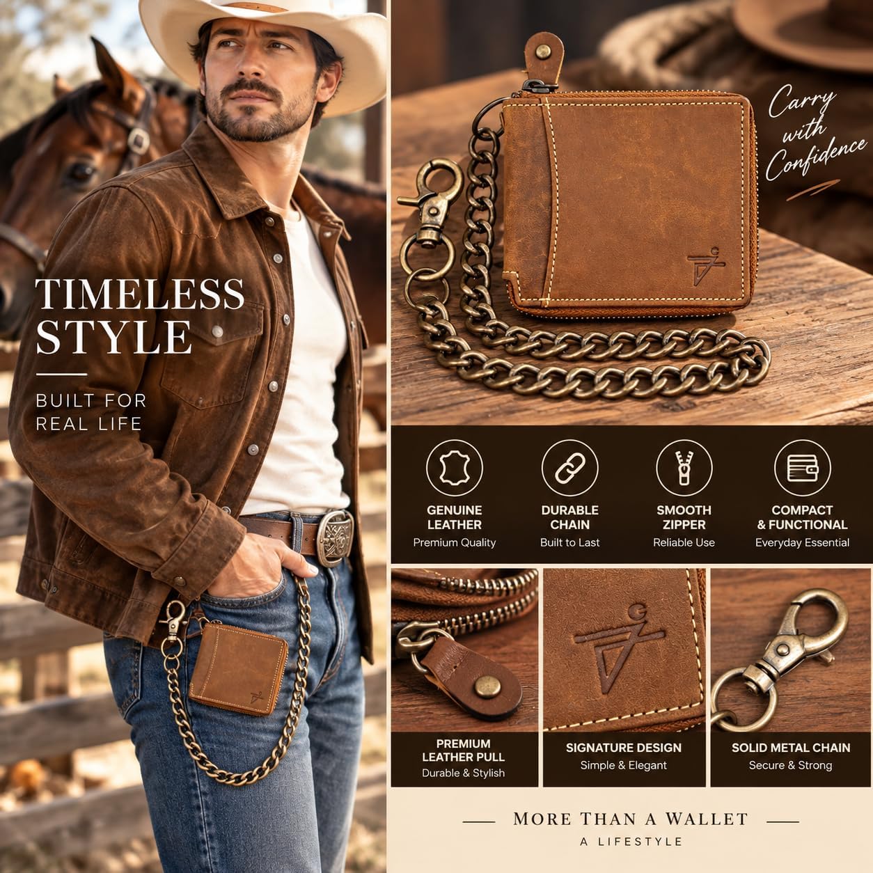Zip Around Chain Wallet for Men – RFID Genuine Leather Bifold Wallet