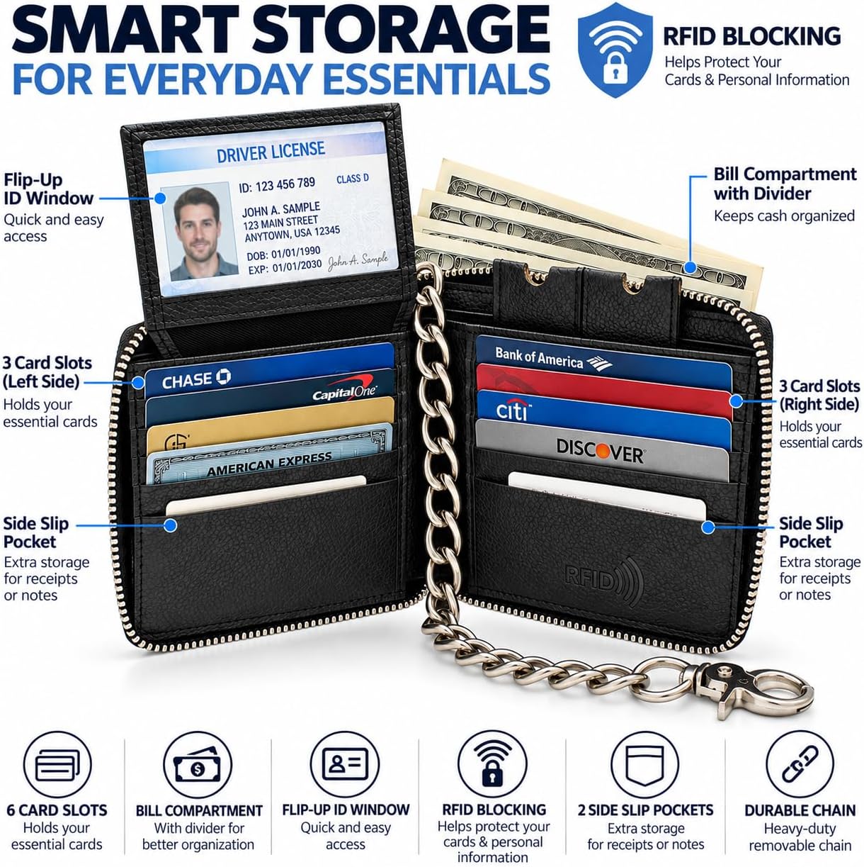Zip Around Chain Wallet for Men – RFID Genuine Leather Bifold Wallet