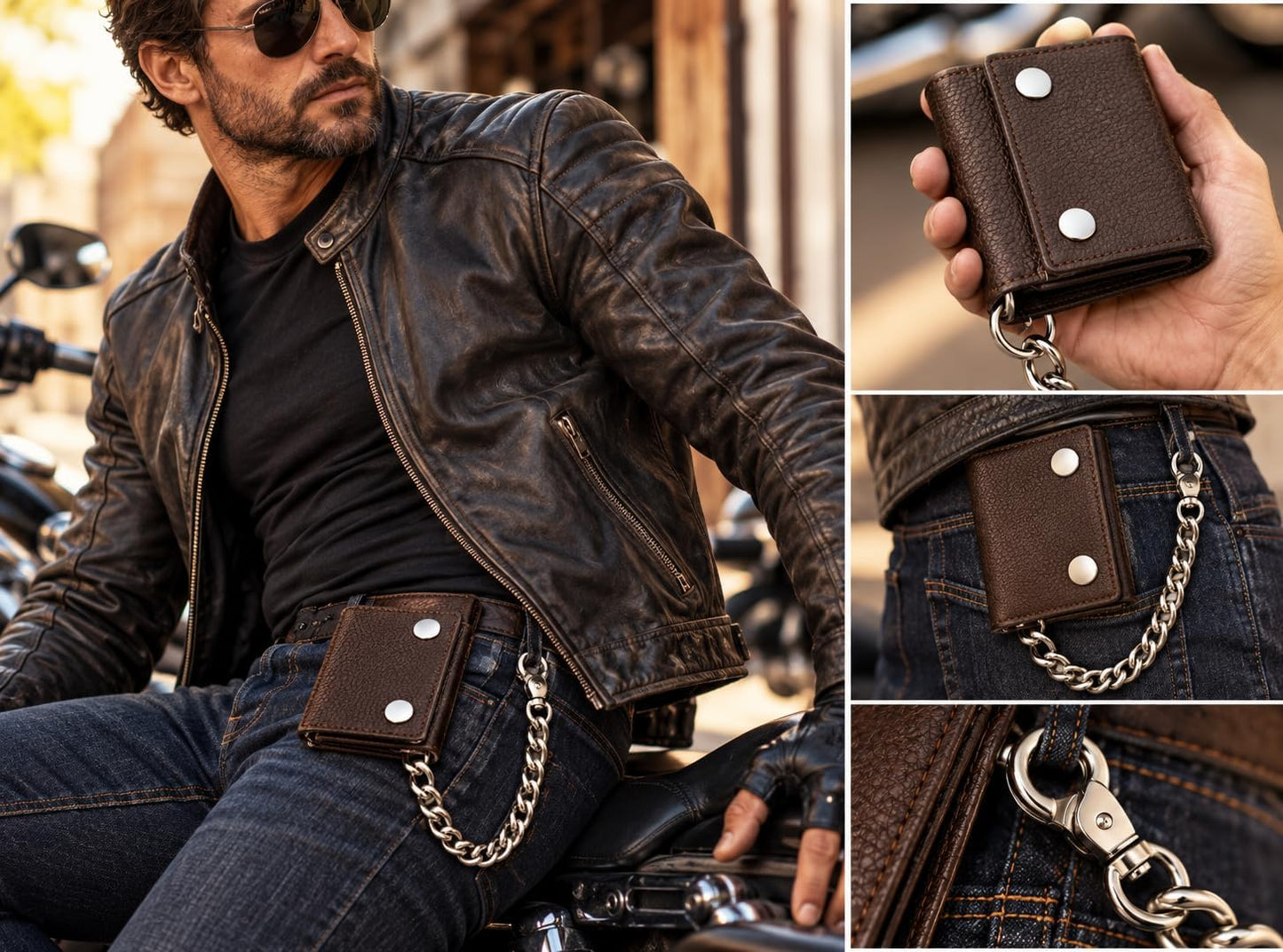 Men’s Genuine Leather Biker Trifold Wallet with Chain