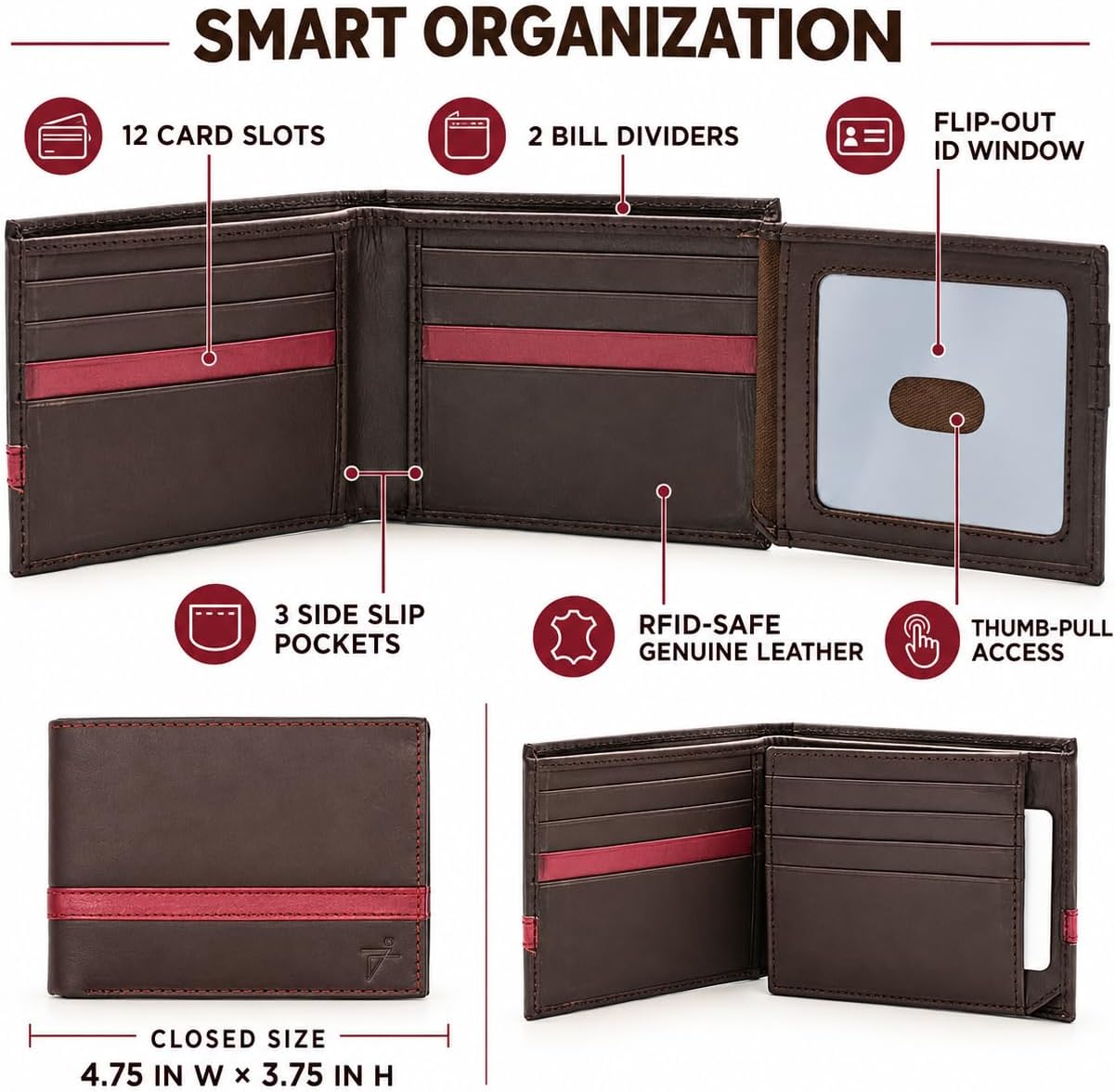 Men’s Genuine Leather Bifold Wallet with RFID Protection & Red Stripe Trim