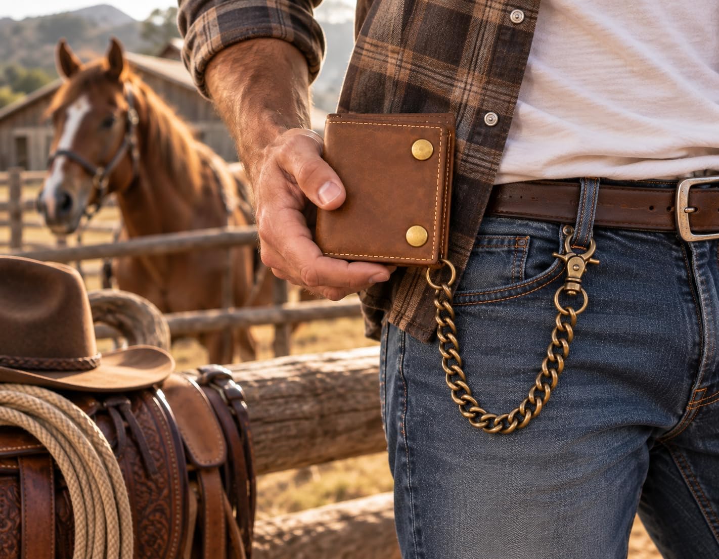 Men’s Genuine Leather Biker Trifold Wallet with Chain