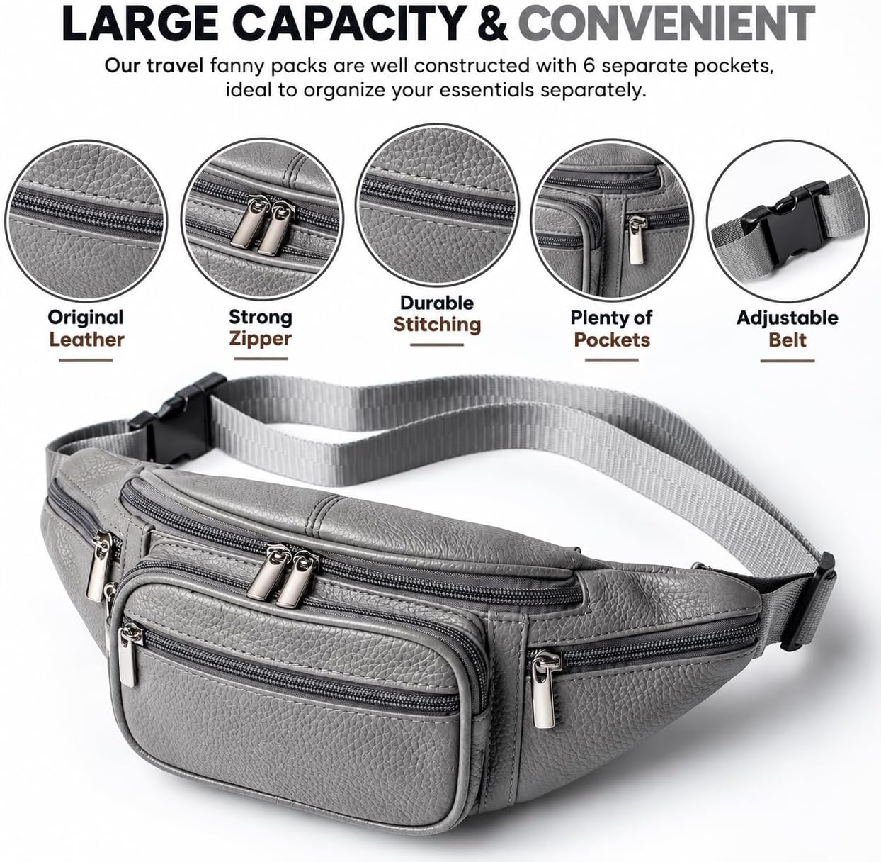 Genuine Leather Fanny Pack for Men Women Multi Pocket Waist Bag