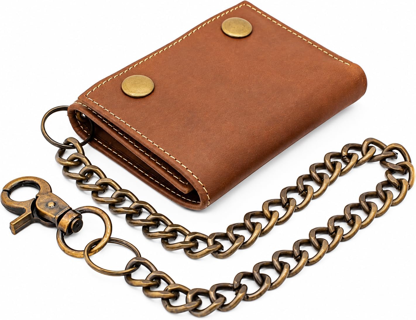Men’s Genuine Leather Biker Trifold Wallet with Chain