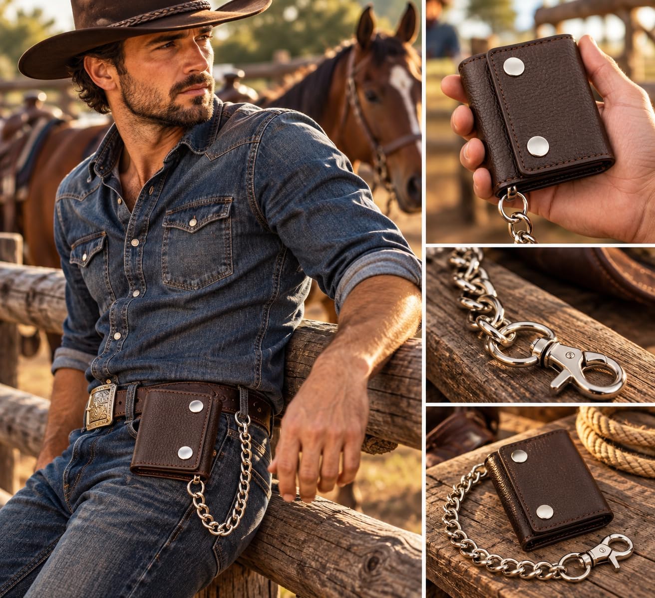 Men’s Genuine Leather Biker Trifold Wallet with Chain