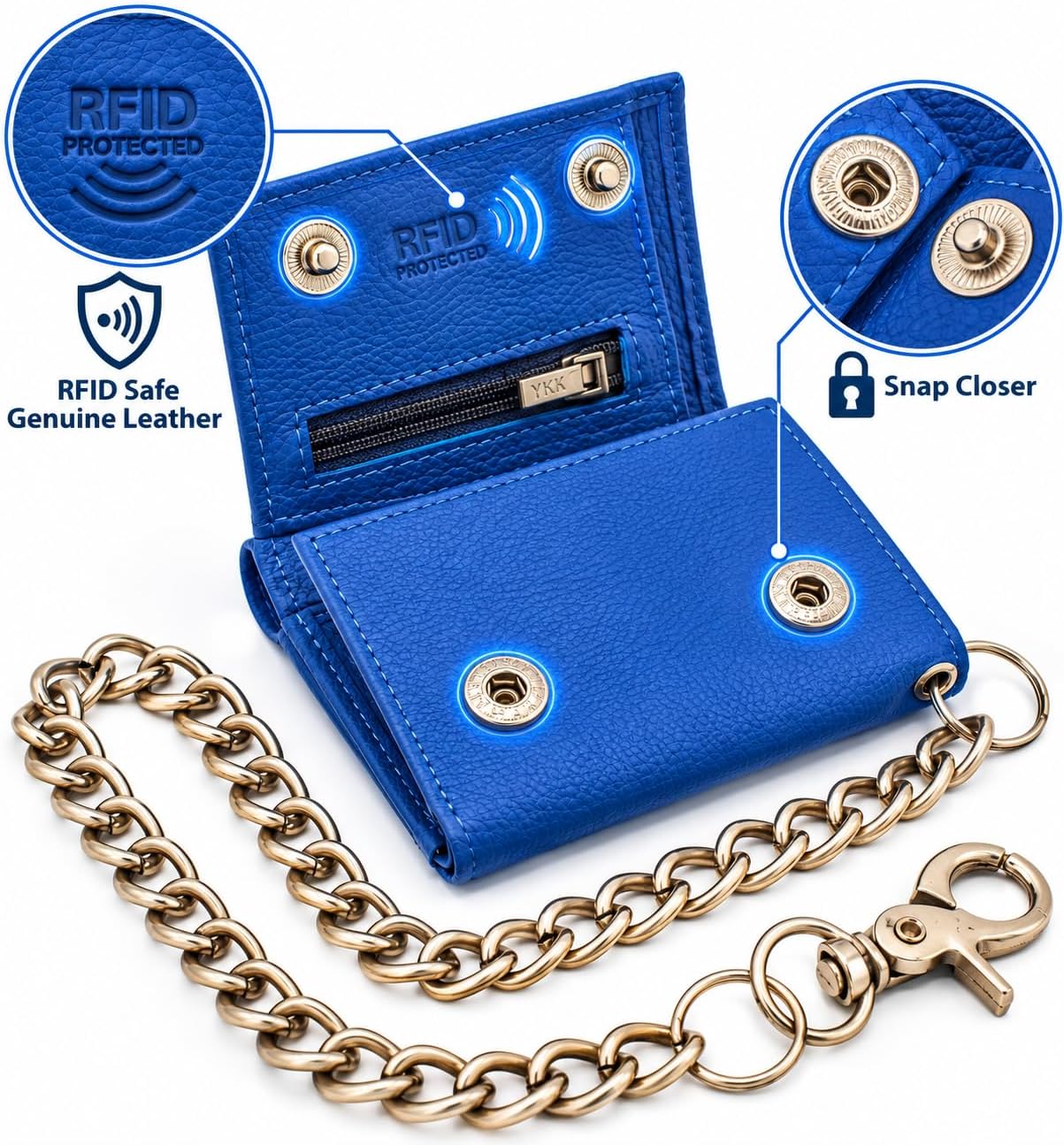 Men’s Genuine Leather Biker Trifold Wallet with Chain