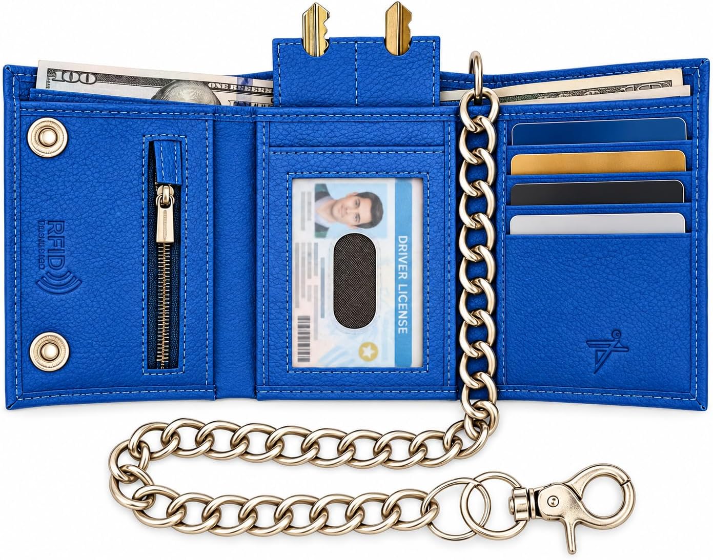 Men’s Genuine Leather Biker Trifold Wallet with Chain