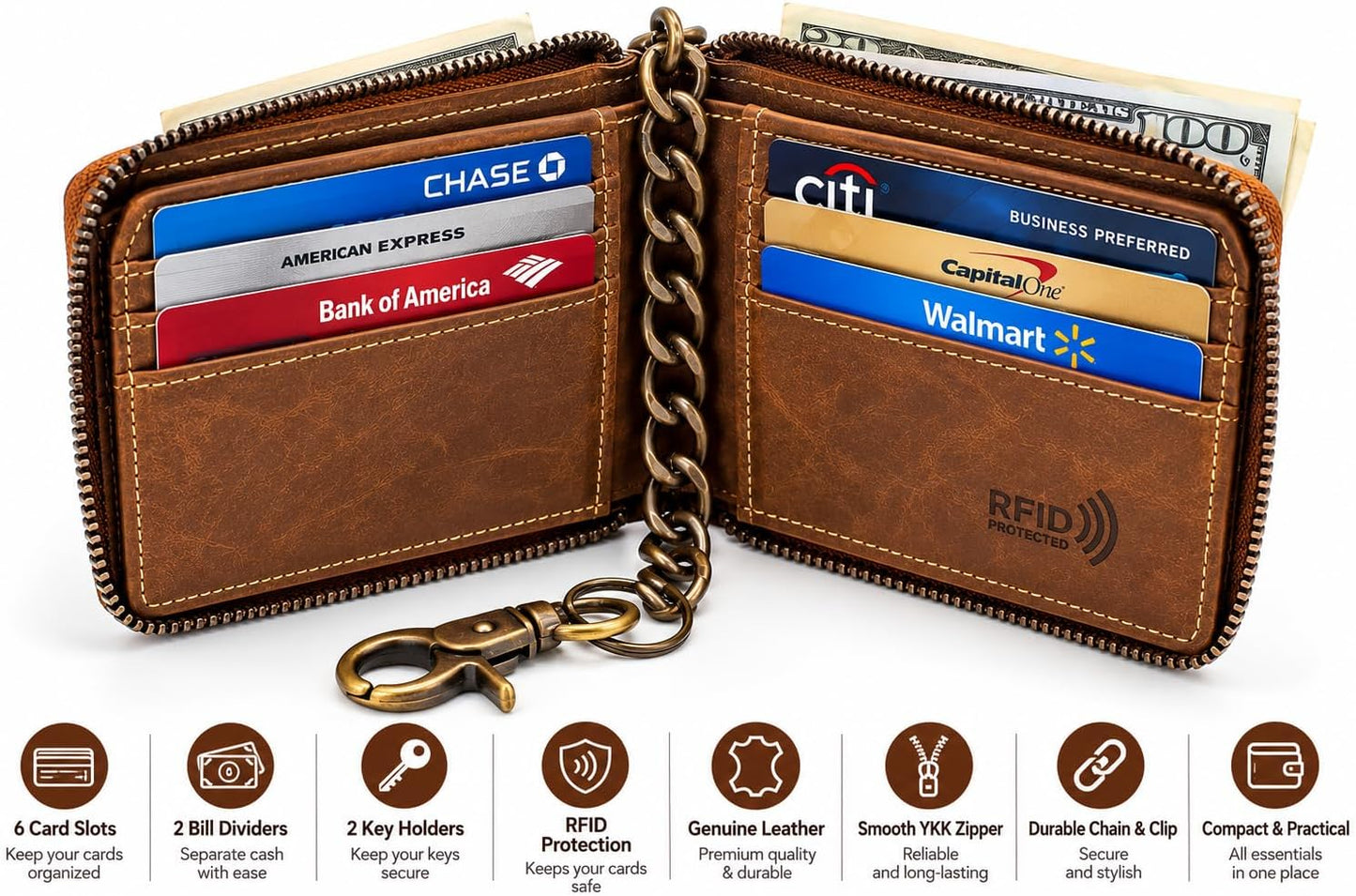 Zip Around Chain Wallet for Men – RFID Genuine Leather Bifold Wallet