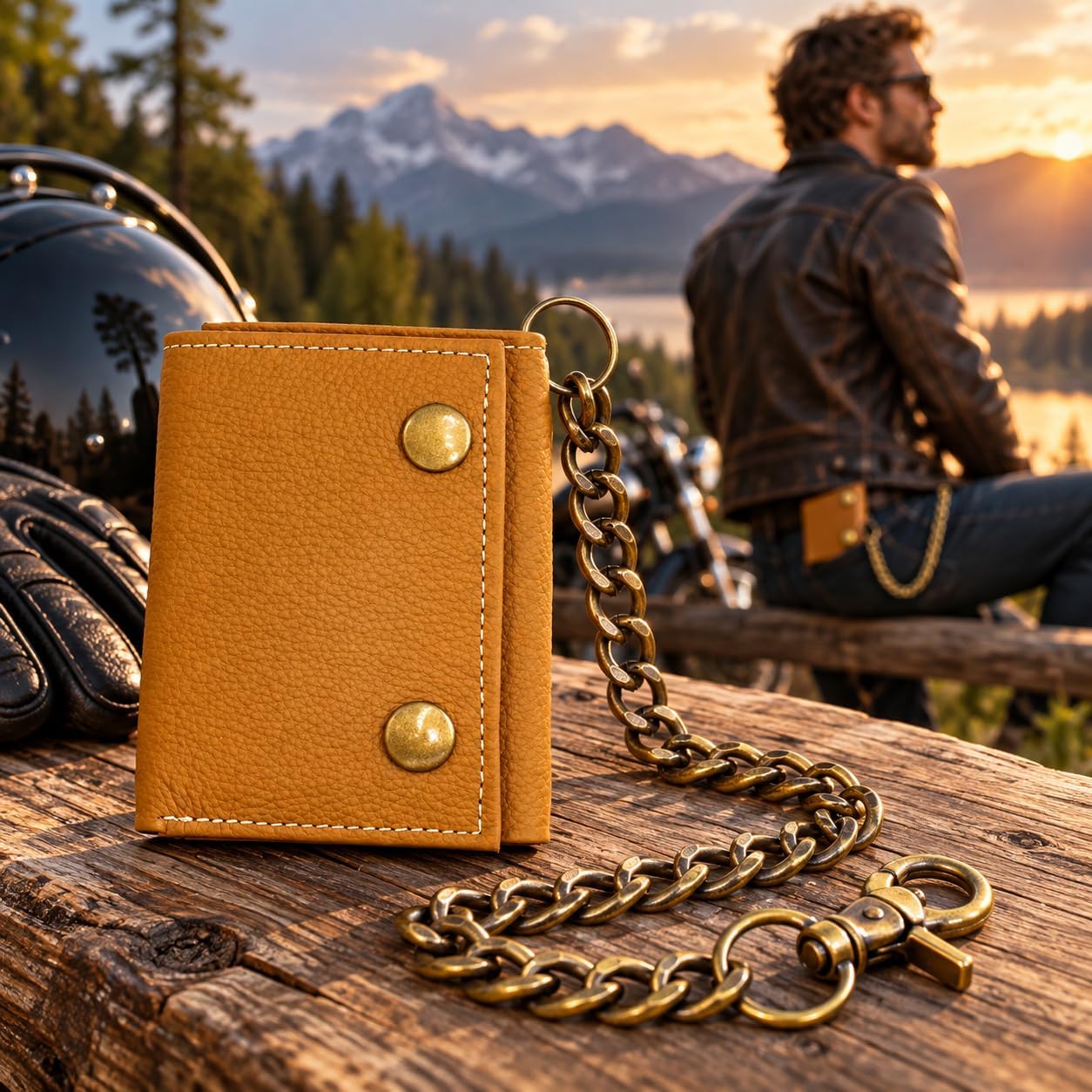 Men’s Genuine Leather Biker Trifold Wallet with Chain