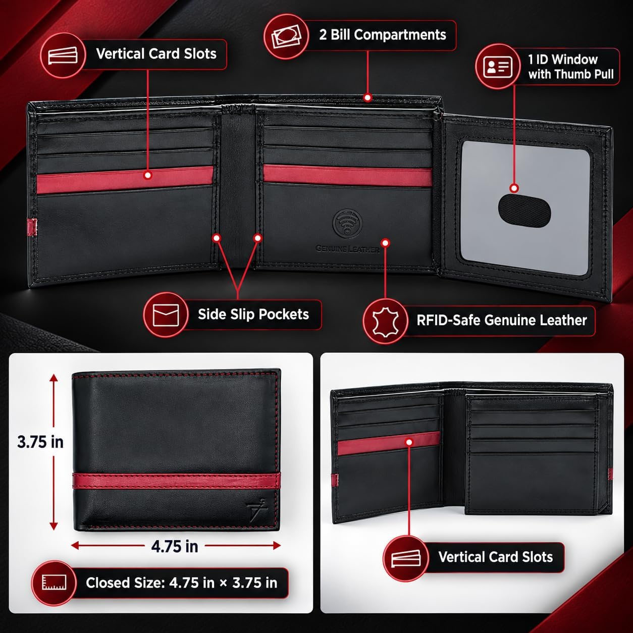 Men’s Genuine Leather Bifold Wallet with RFID Protection & Red Stripe Trim