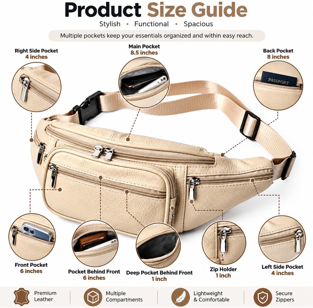 Genuine Leather Fanny Pack for Men Women Multi Pocket Waist Bag