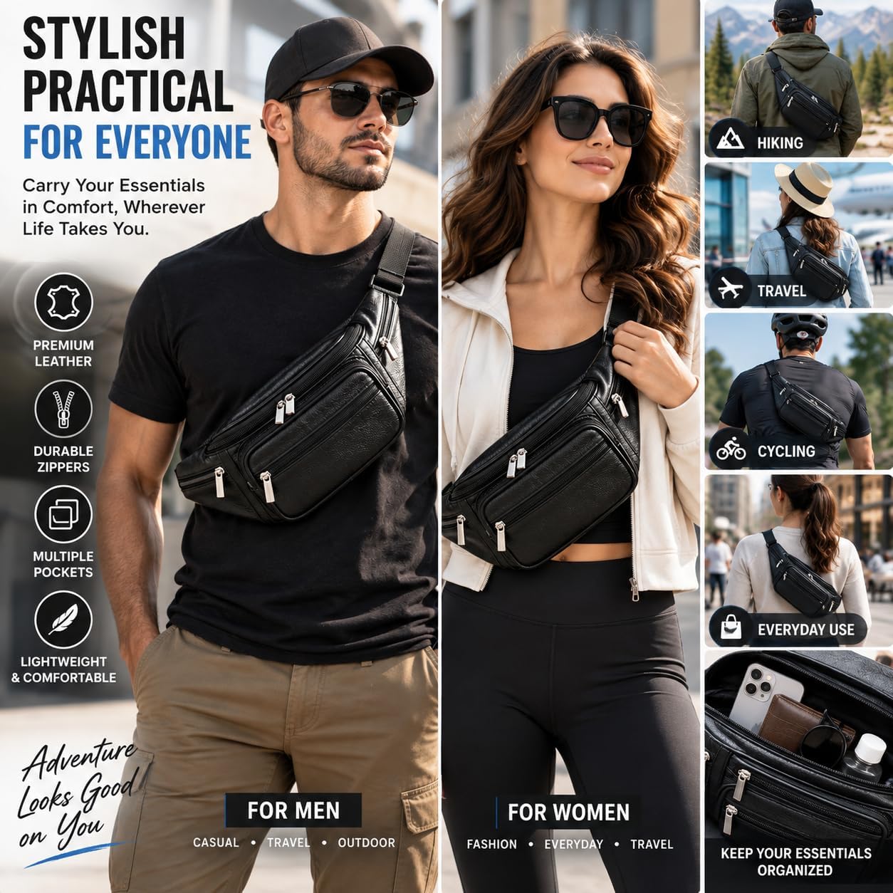 Genuine Leather Fanny Pack for Men Women Multi Pocket Waist Bag