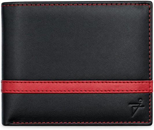 Men’s Genuine Leather Bifold Wallet with RFID Protection & Red Stripe Trim