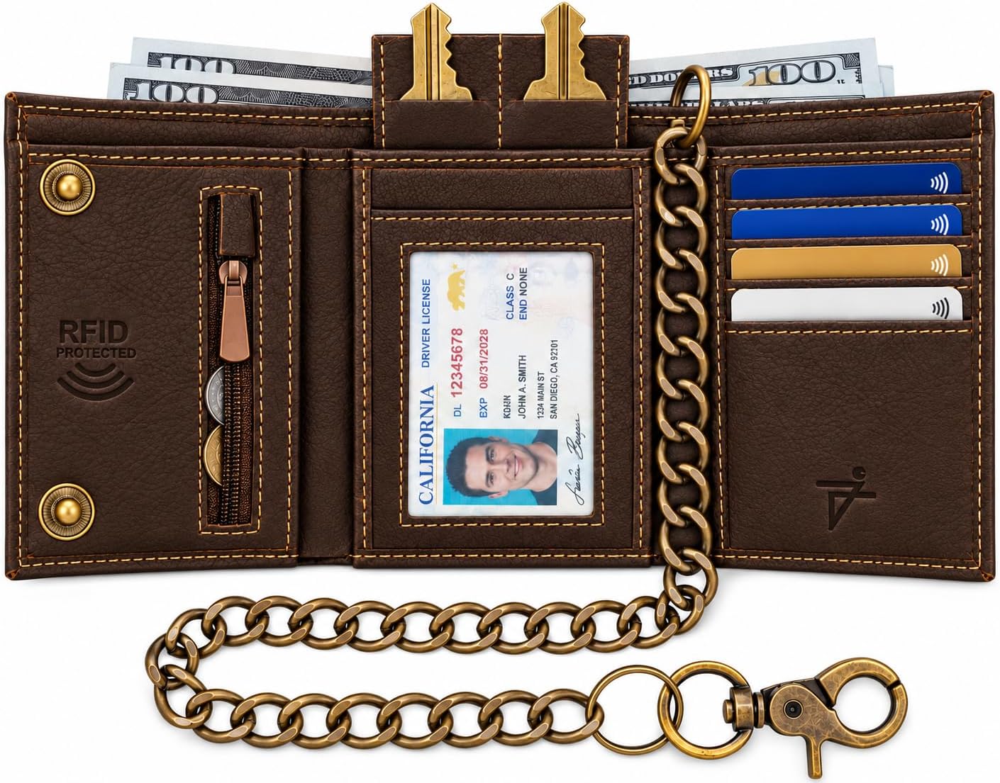 Men’s Genuine Leather Biker Trifold Wallet with Chain