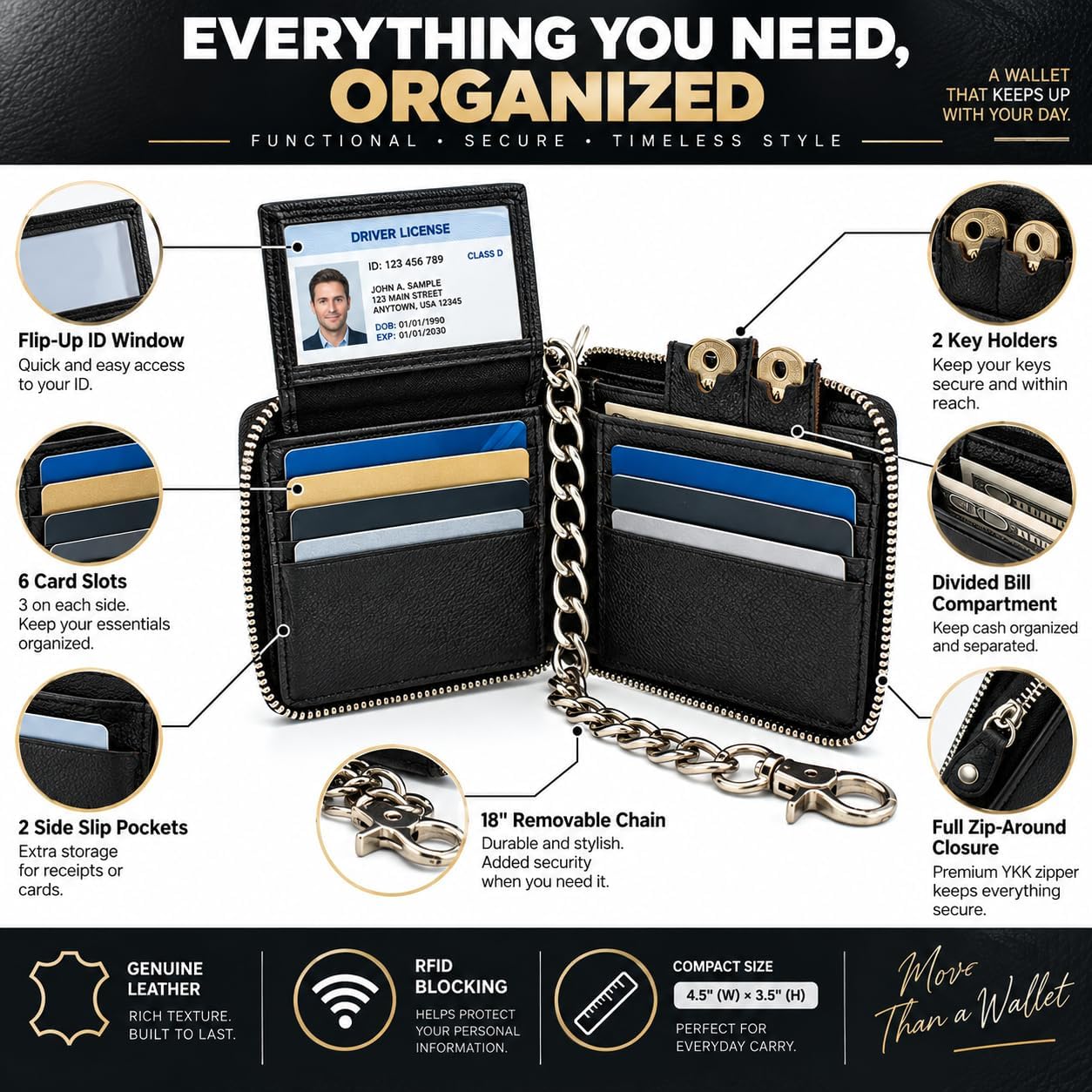 Zip Around Chain Wallet for Men – RFID Genuine Leather Bifold Wallet