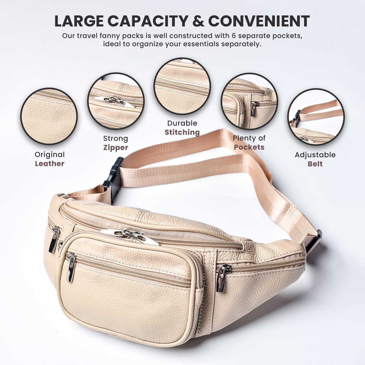 Genuine Leather Fanny Pack for Men Women Multi Pocket Waist Bag