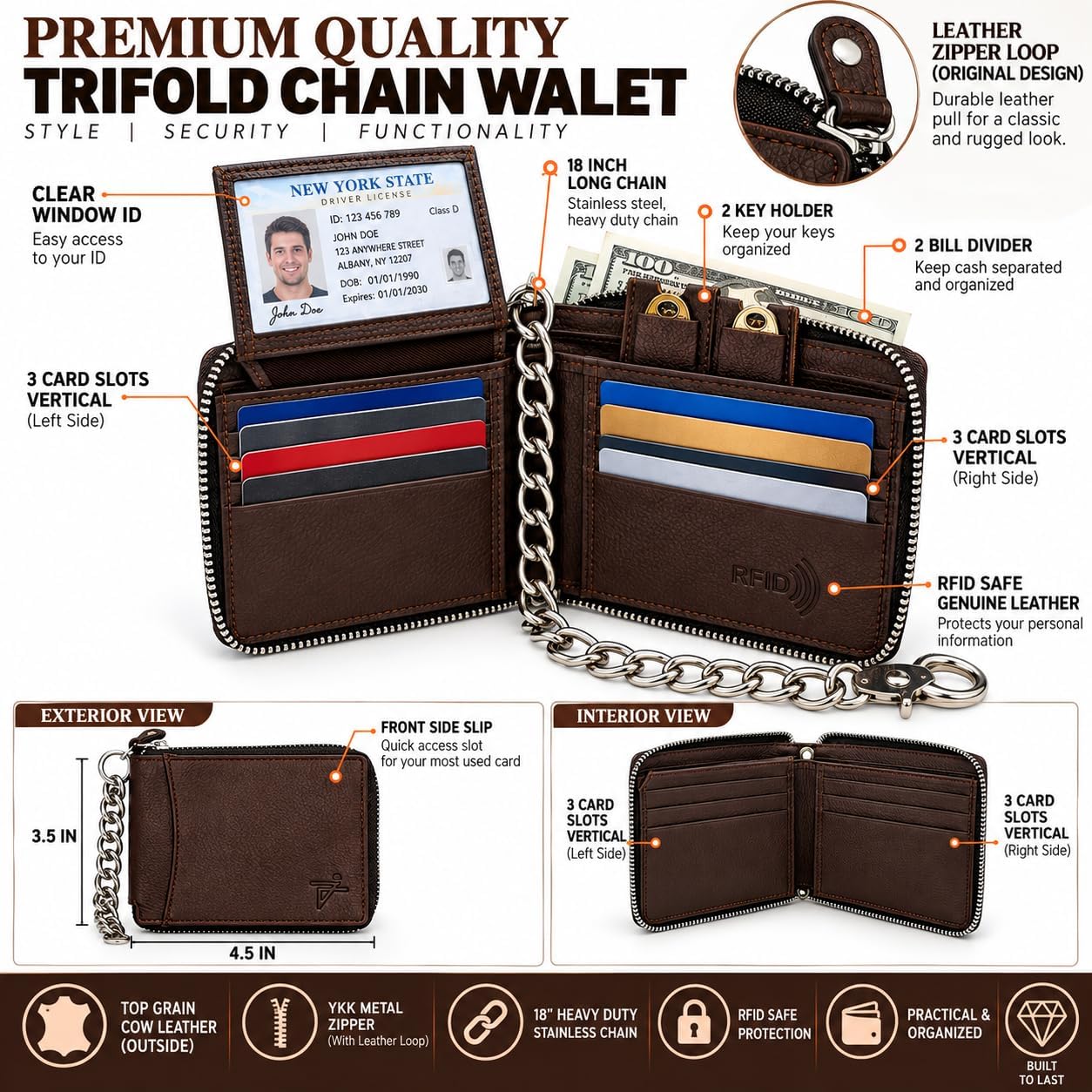 Zip Around Chain Wallet for Men – RFID Genuine Leather Bifold Wallet