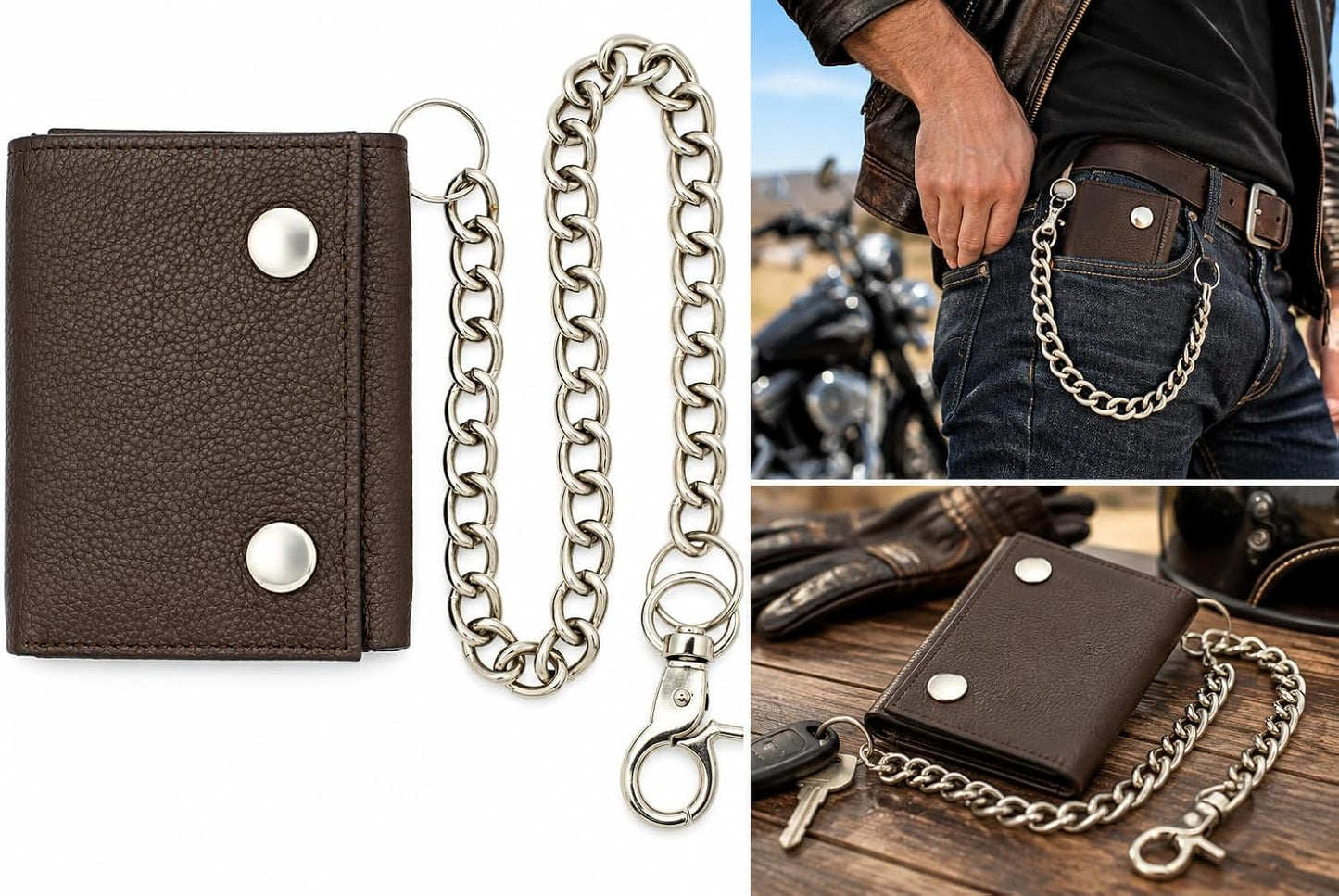 Men’s Genuine Leather Biker Trifold Wallet with Chain