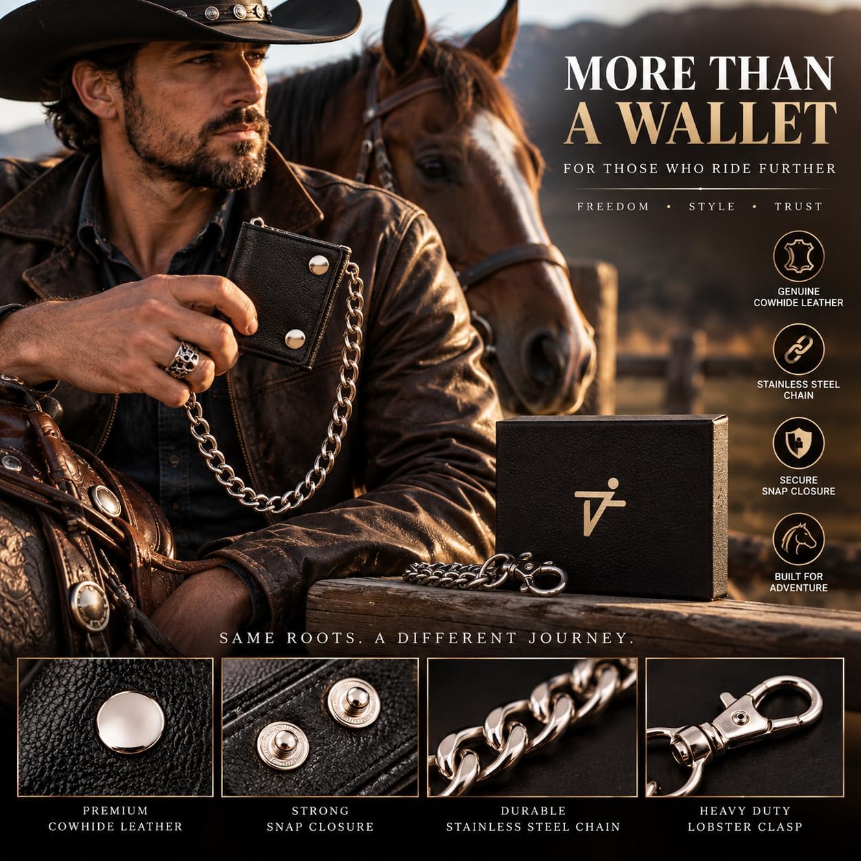 Men’s Genuine Leather Biker Trifold Wallet with Chain
