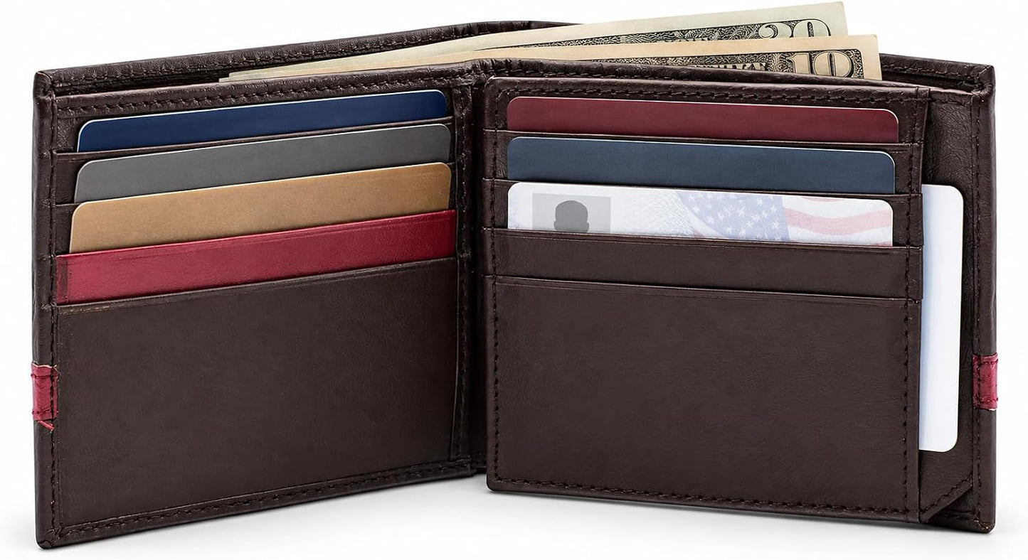 Men’s Genuine Leather Bifold Wallet with RFID Protection & Red Stripe Trim