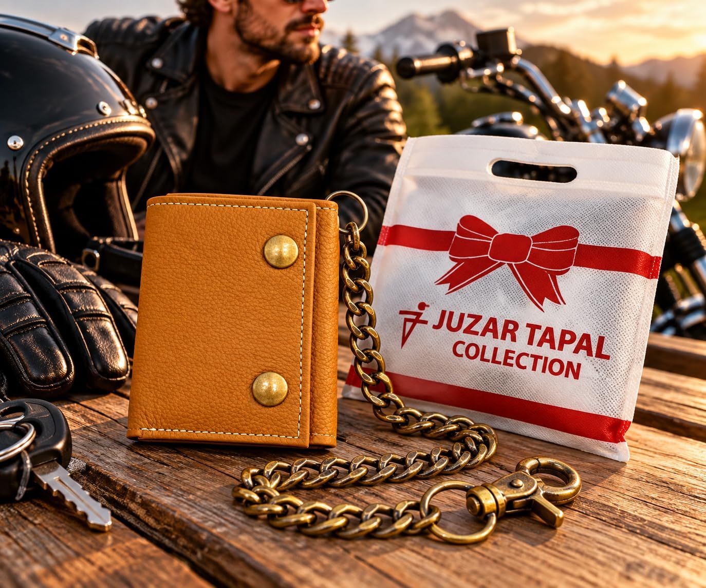 Men’s Genuine Leather Biker Trifold Wallet with Chain
