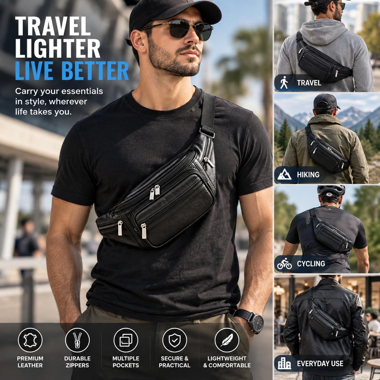 Genuine Leather Fanny Pack for Men Women Multi Pocket Waist Bag