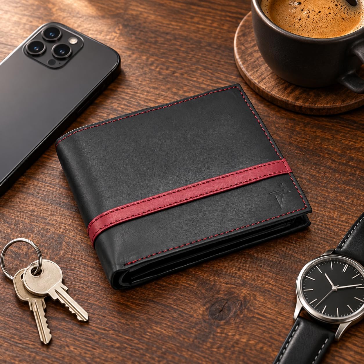 Men’s Genuine Leather Bifold Wallet with RFID Protection & Red Stripe Trim