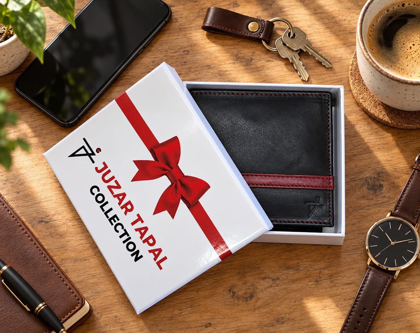 Men’s Genuine Leather Bifold Wallet with RFID Protection & Red Stripe Trim