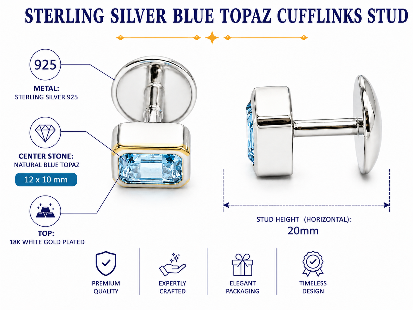 Natural Stone Cufflinks Studs 2pcs set  – 18K White Gold Plated