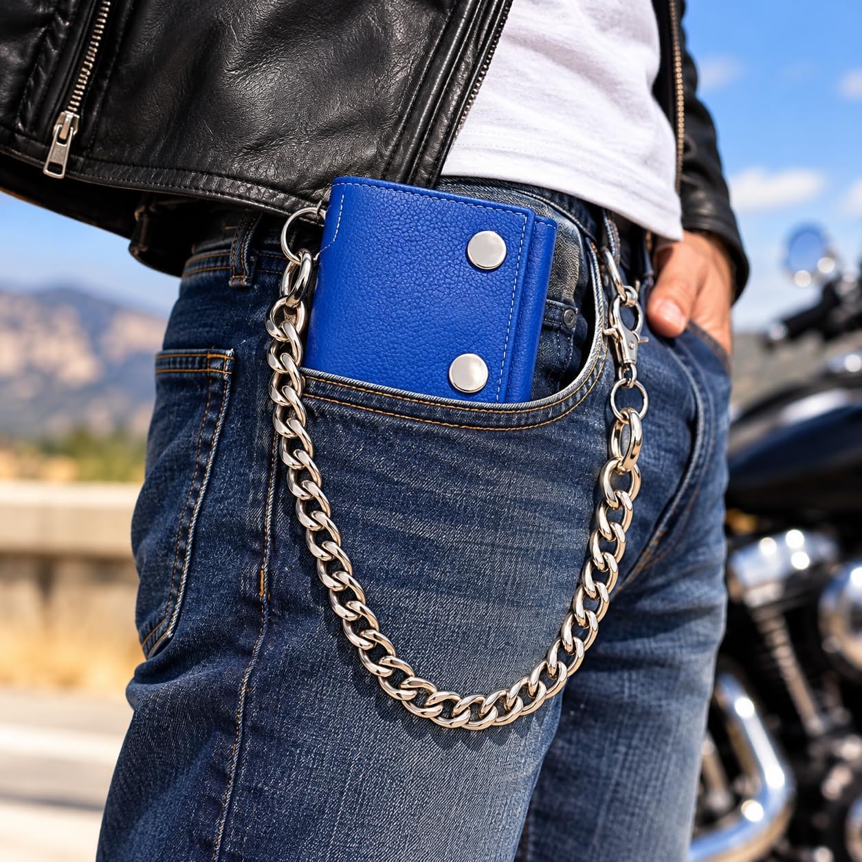 Men’s Genuine Leather Biker Trifold Wallet with Chain