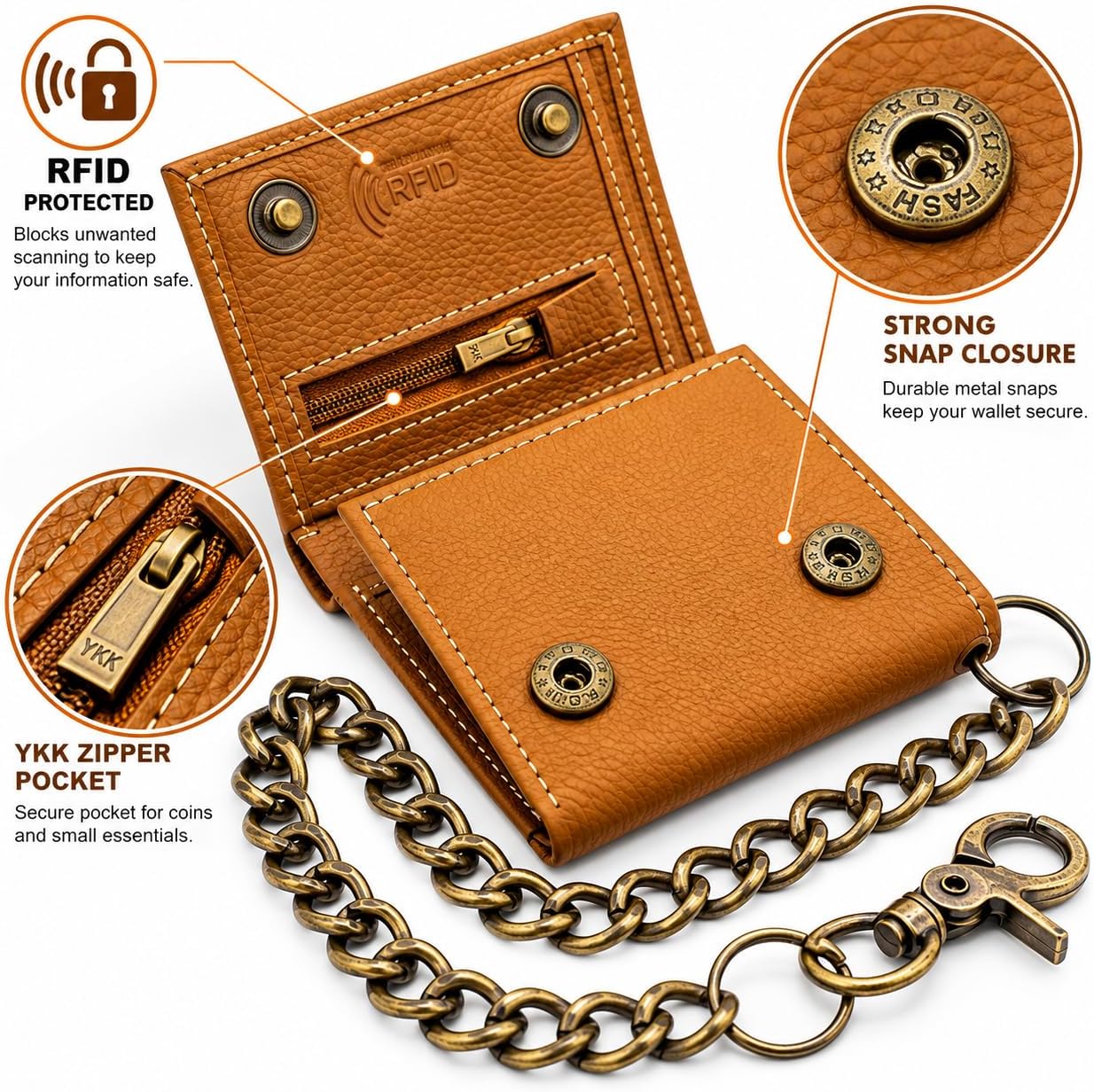 Men’s Genuine Leather Biker Trifold Wallet with Chain