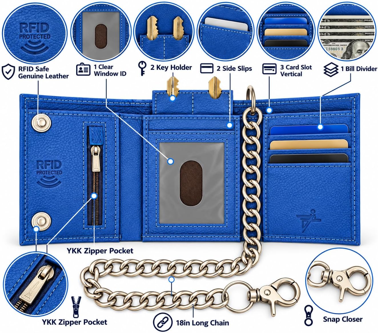 Men’s Genuine Leather Biker Trifold Wallet with Chain