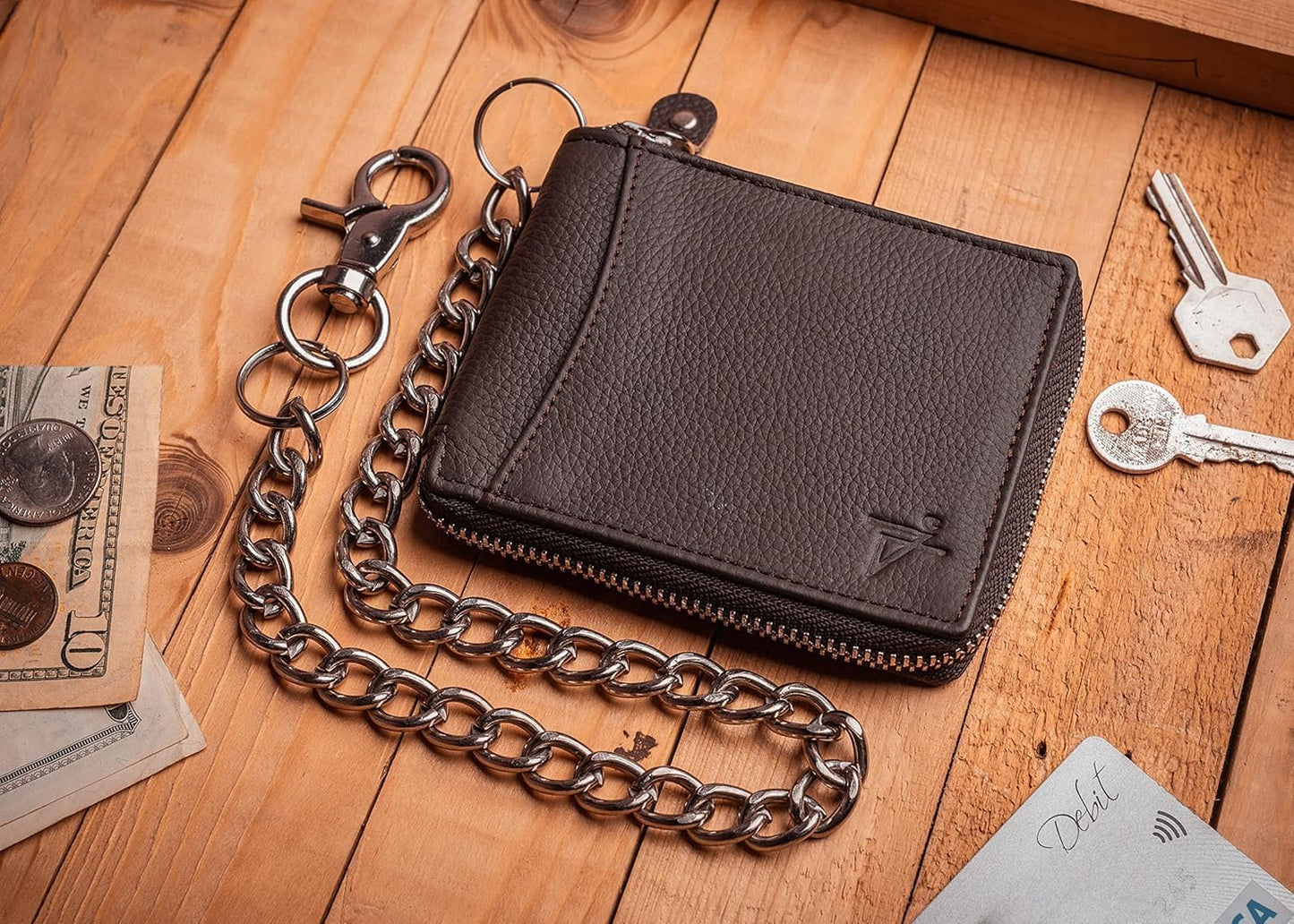Zip Around Chain Wallet for Men – RFID Genuine Leather Bifold Wallet
